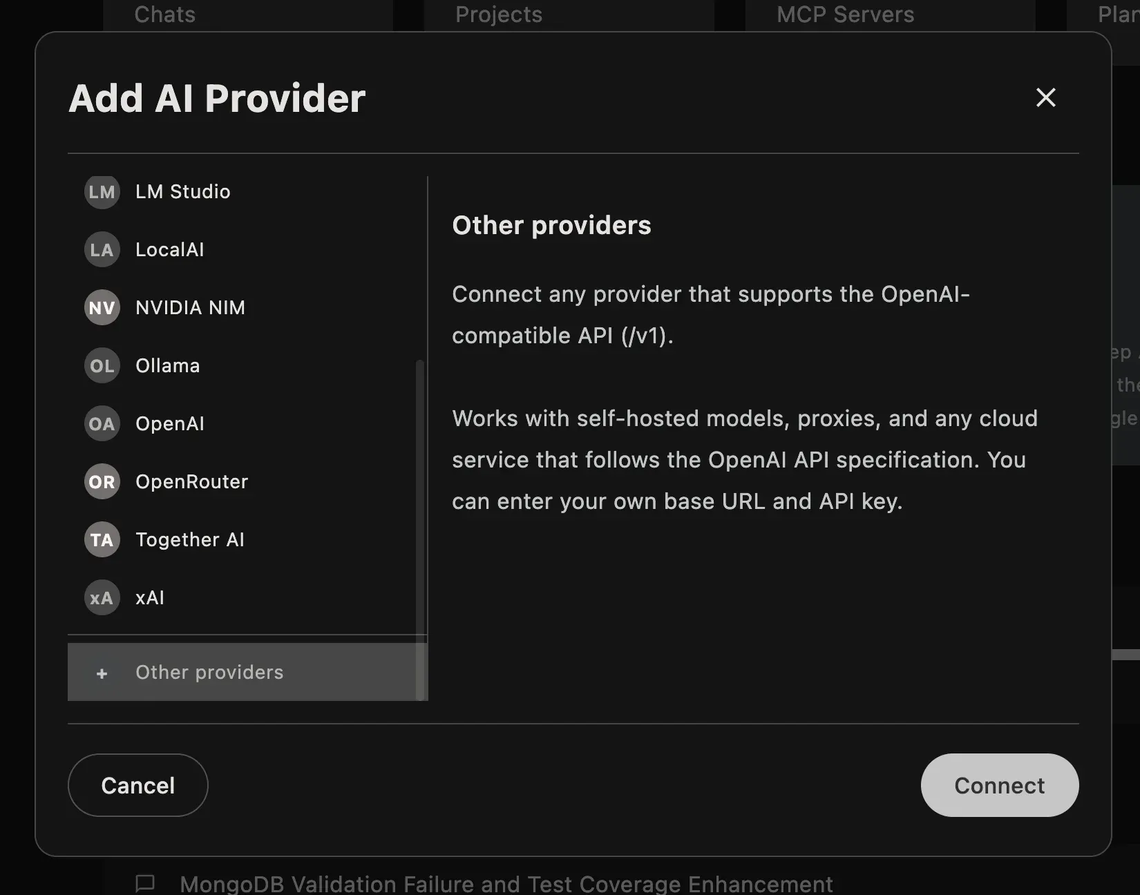 Askimo's Add AI Provider dialog with 'Other providers' selected, showing the custom OpenAI-compatible server option for self-hosted and local inference servers.