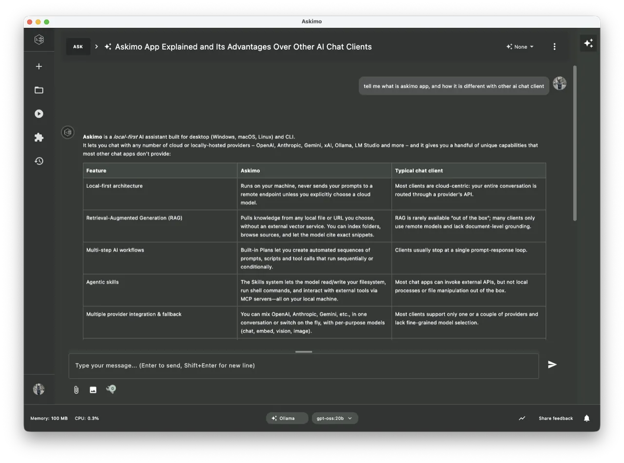 Askimo RAG 功能展示使用项目文件与本地 Ollama 模型进行上下文感知的对话