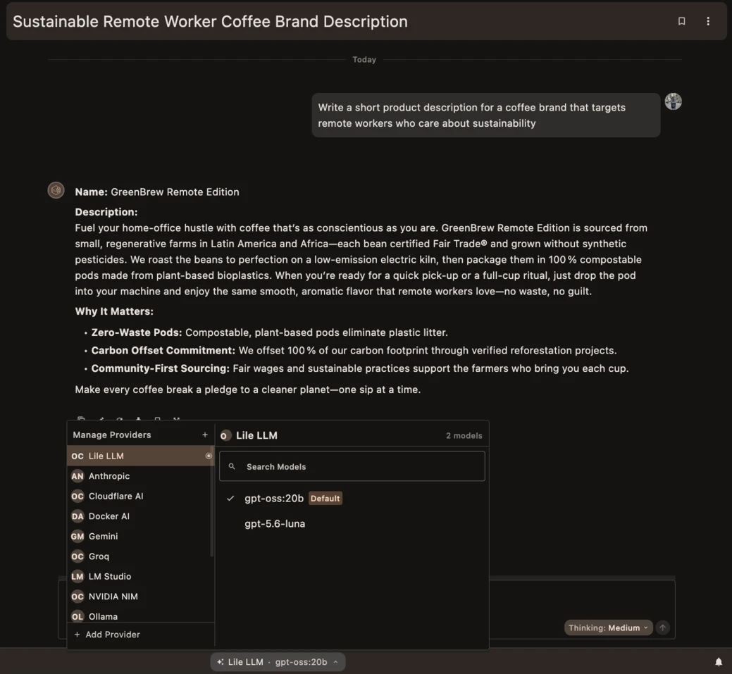 Askimo Desktop chat window showing a conversation routed through a LiteLLM proxy, with the team AI provider selected in the footer bar and the AI response visible in the chat