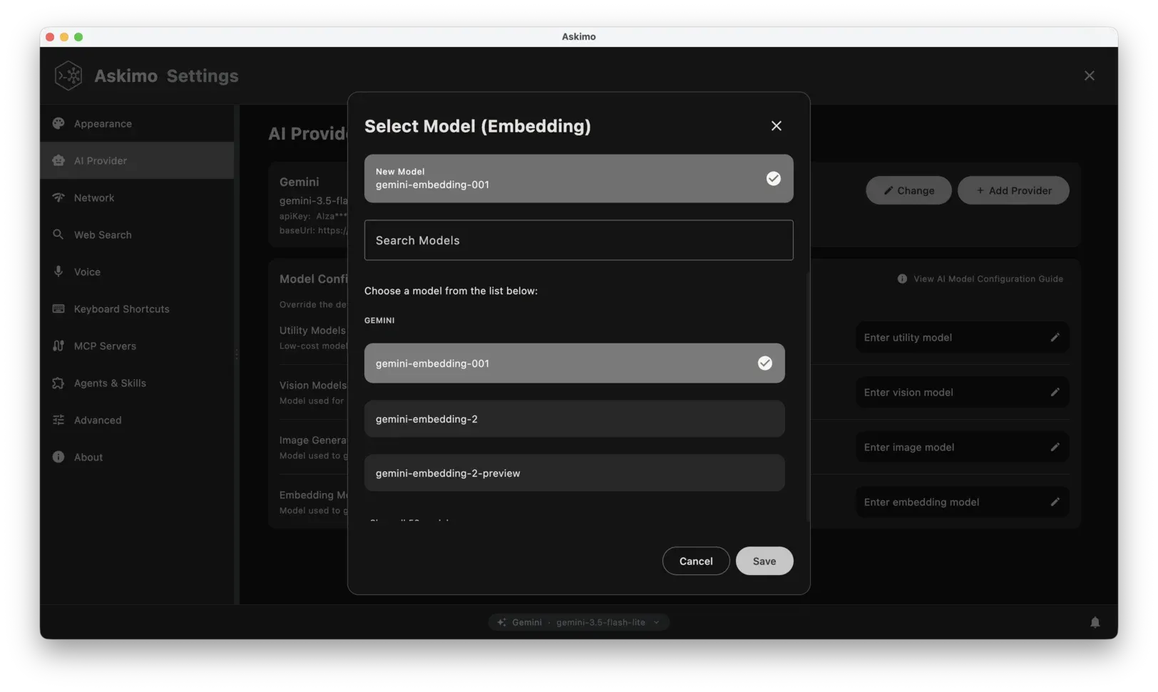 The Model Configuration card in Askimo's AI Providers settings, showing editable fields for utility model, vision model, image model, and embedding model for the selected provider.