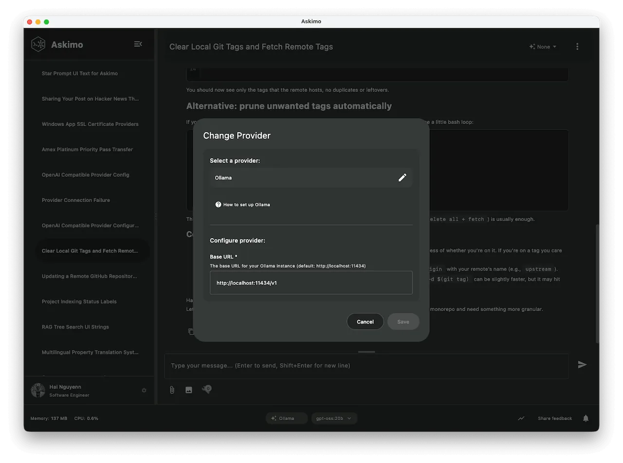显示 Ollama 端点配置 localhost:11434 的 Askimo App 提供商设置