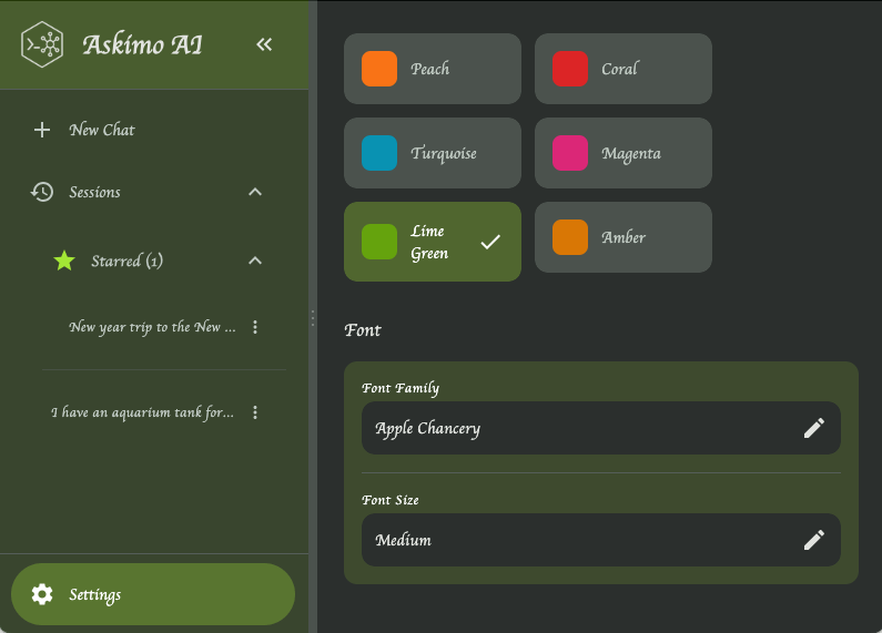 Askimo App theme settings with light and dark mode options