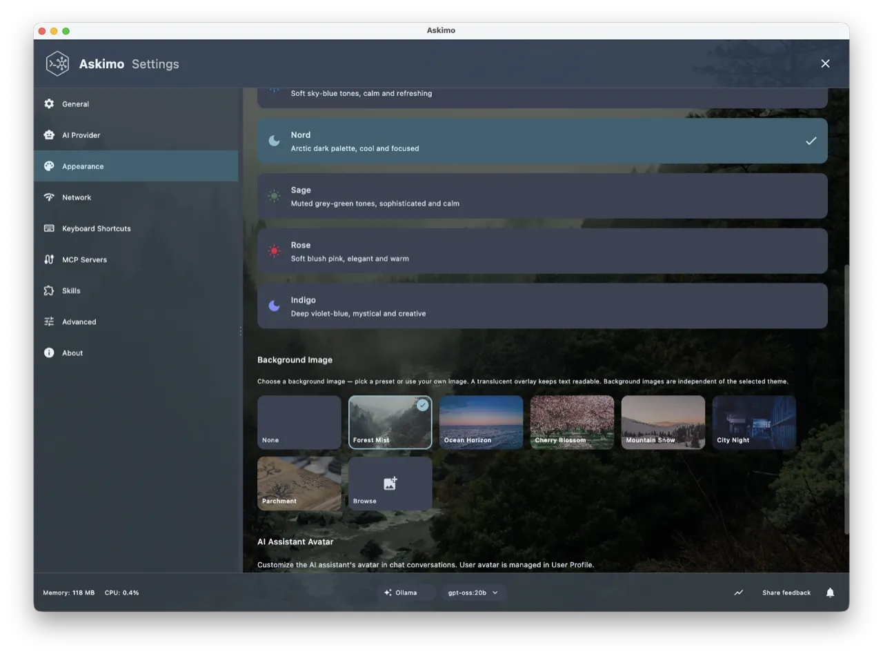 带有浅色和深色模式选项的 Askimo App 主题设置，用于 Ollama GUI 自定义