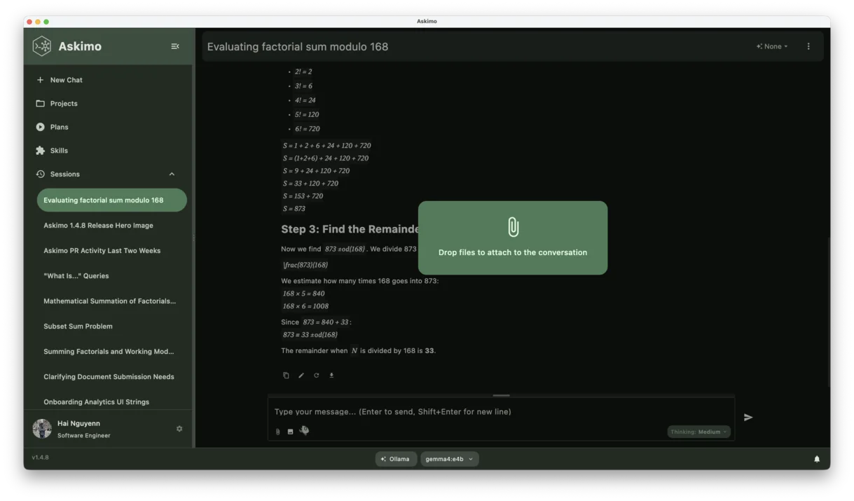 Askimo chat interface showing drag-and-drop file attachment with PDF and document files ready for AI analysis