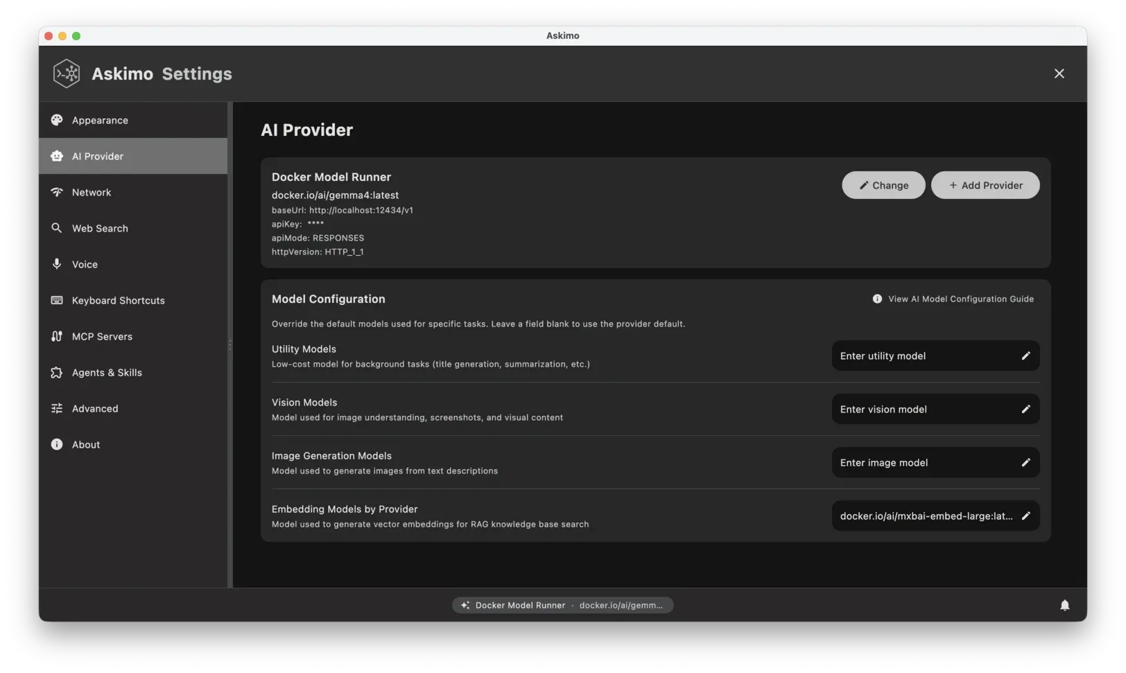 Askimo RAG configuration settings showing customizable embedding models for different AI providers