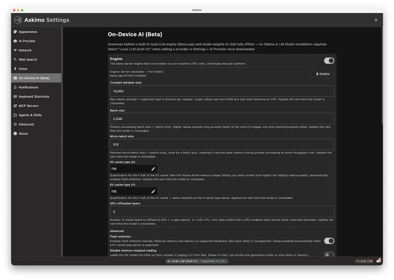 Askimo Settings > Local LLM page with the llama-server engine toggle switched on