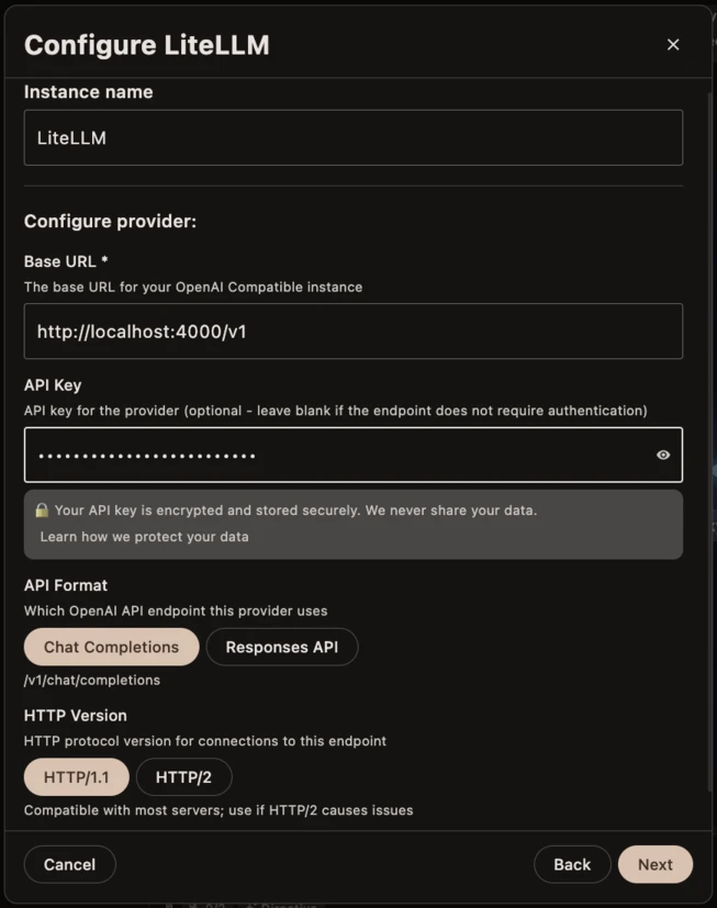 Askimo Desktop OpenAI Compatible provider configuration dialog showing Base URL pointing to a LiteLLM proxy, API key field, Chat Completions API mode, and HTTP/1.1 version settings
