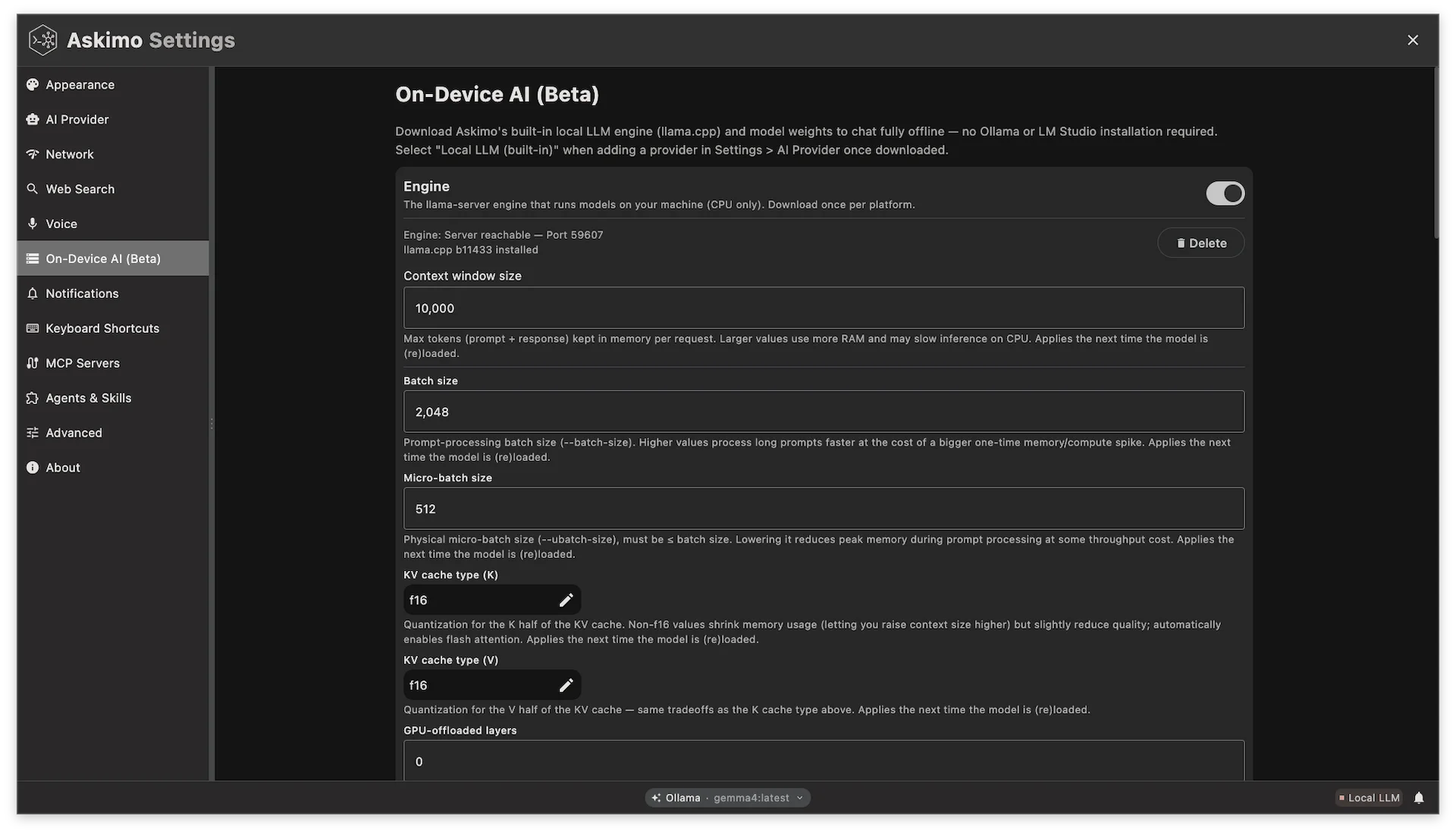 Askimo Desktop Local LLM Engine settings view showing fine-grained tuning options