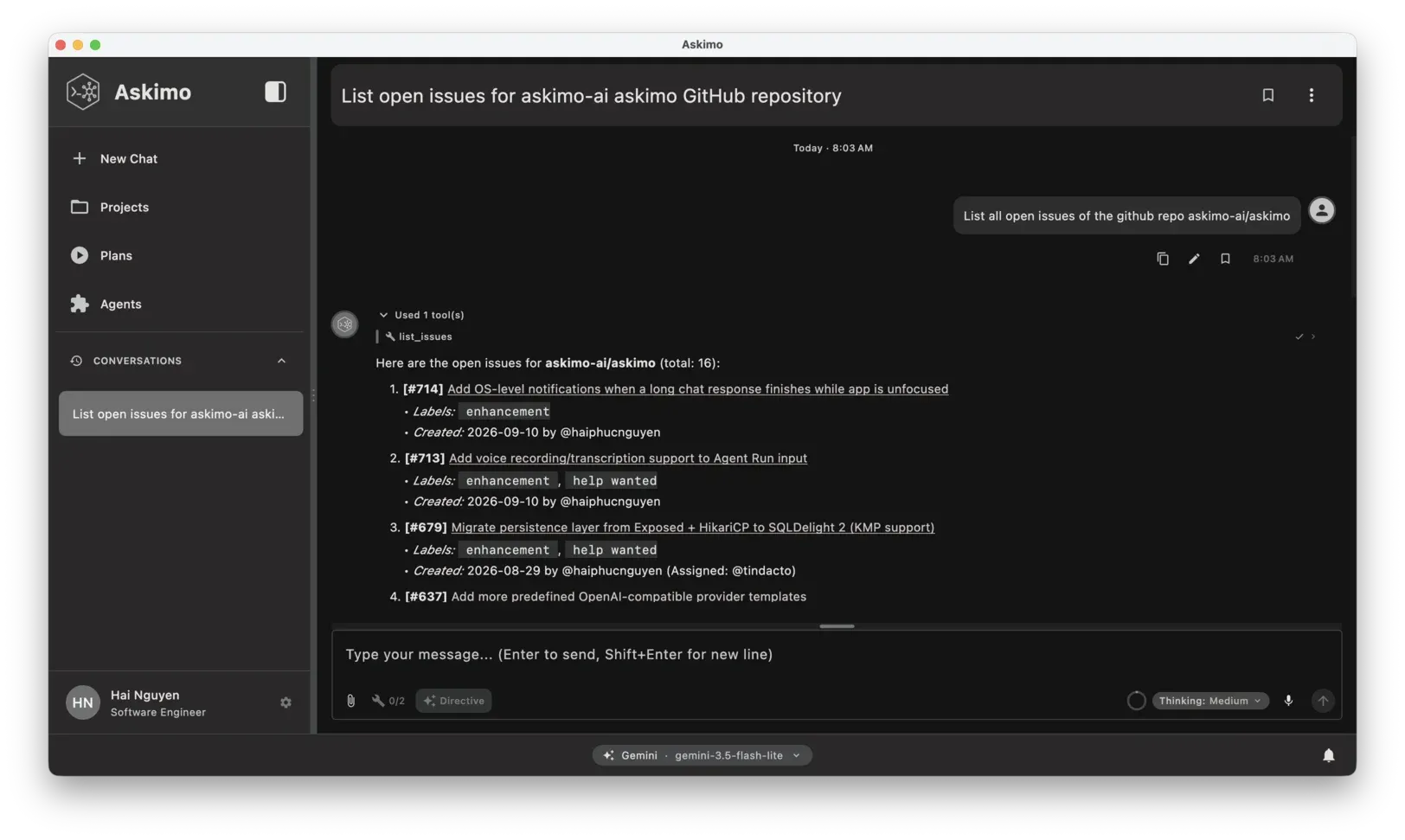 The Tools selector panel in the chat input bar showing MCP instances and built-in Askimo tools, each with a toggle to enable or disable them for the current conversation.