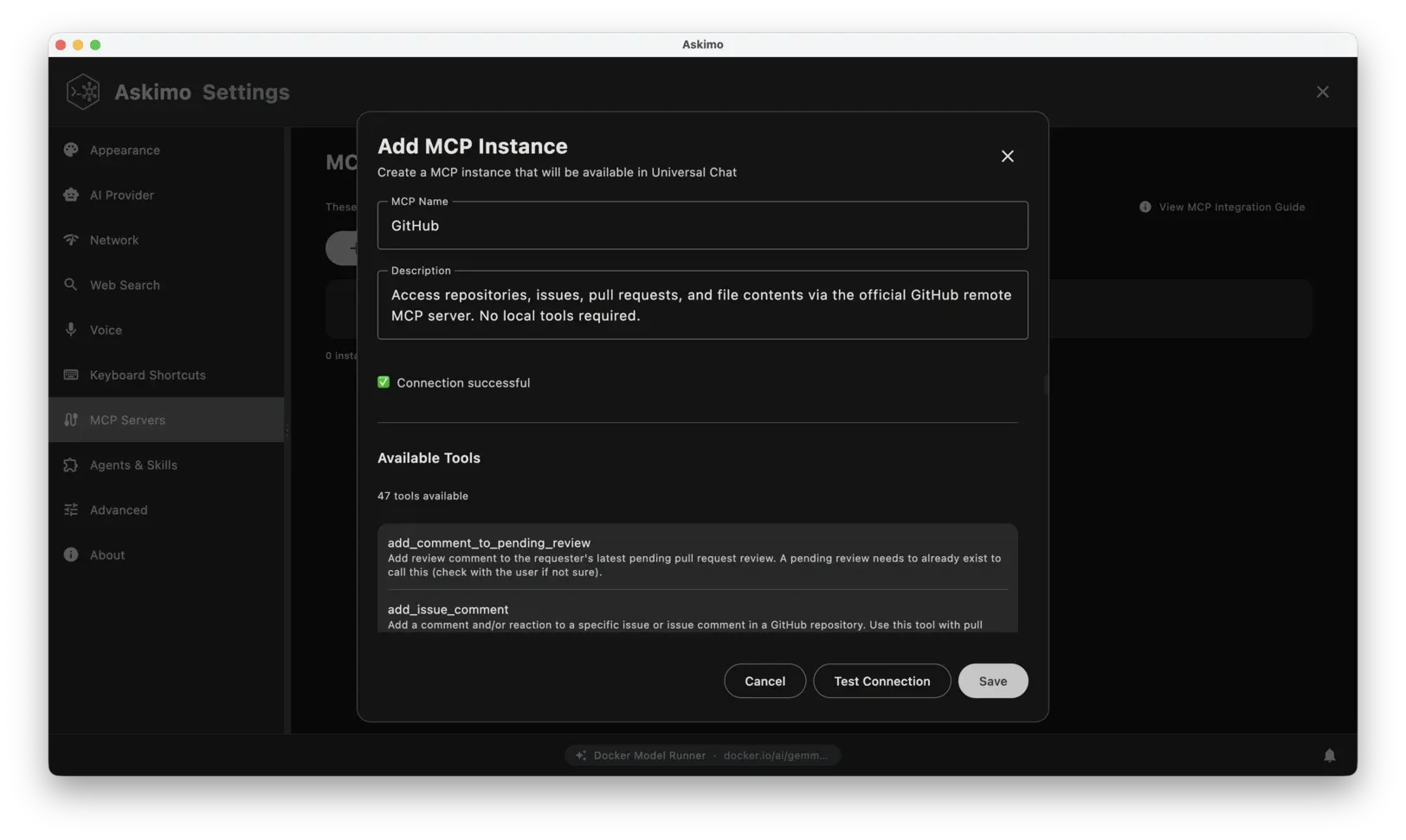 The Add MCP Instance dialog showing instance name, description, transport type tabs, configuration fields, and a list of discovered tools after a successful connection test.