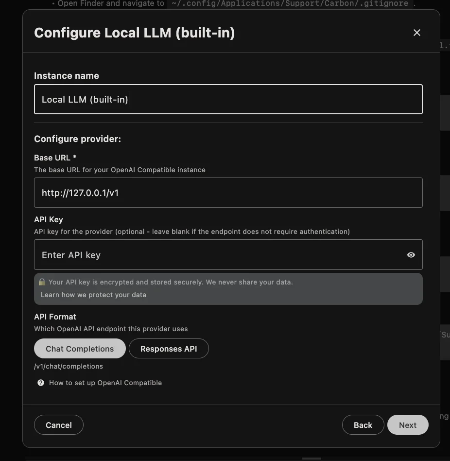 Askimo AI Provider settings showing Local LLM (built-in) selected, connected to the running llama-server, with a model picked from the dropdown
