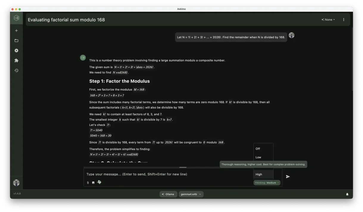 Askimo 1.4.8 reasoning effort selector inside the chat input bar showing low, medium, and high reasoning levels