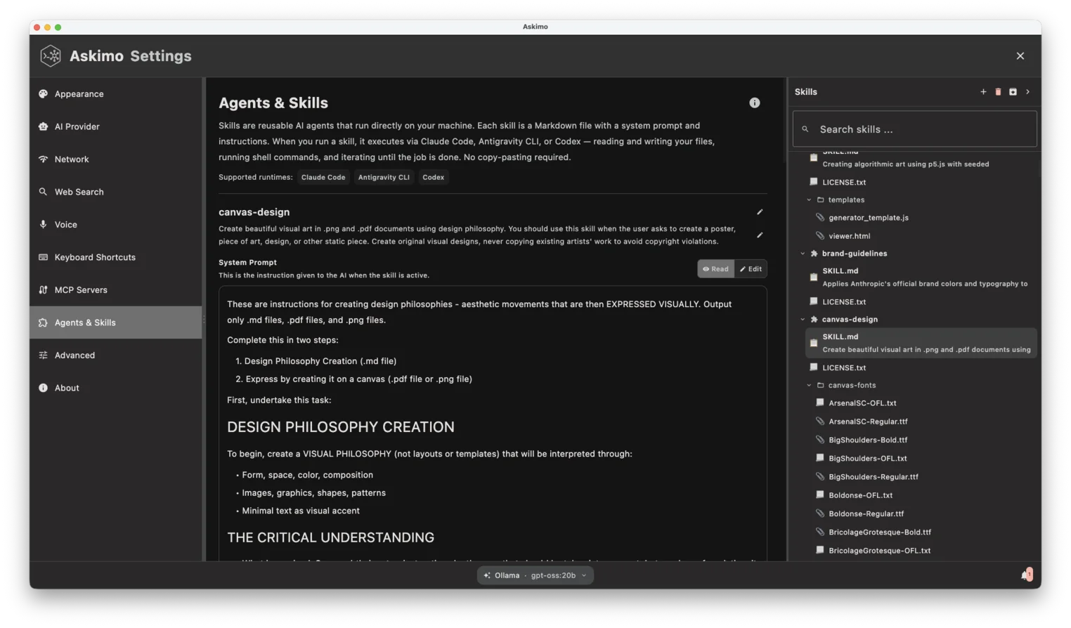 Askimo Desktop Skills editor showing the skill name, description, and system prompt fields for creating a new skill