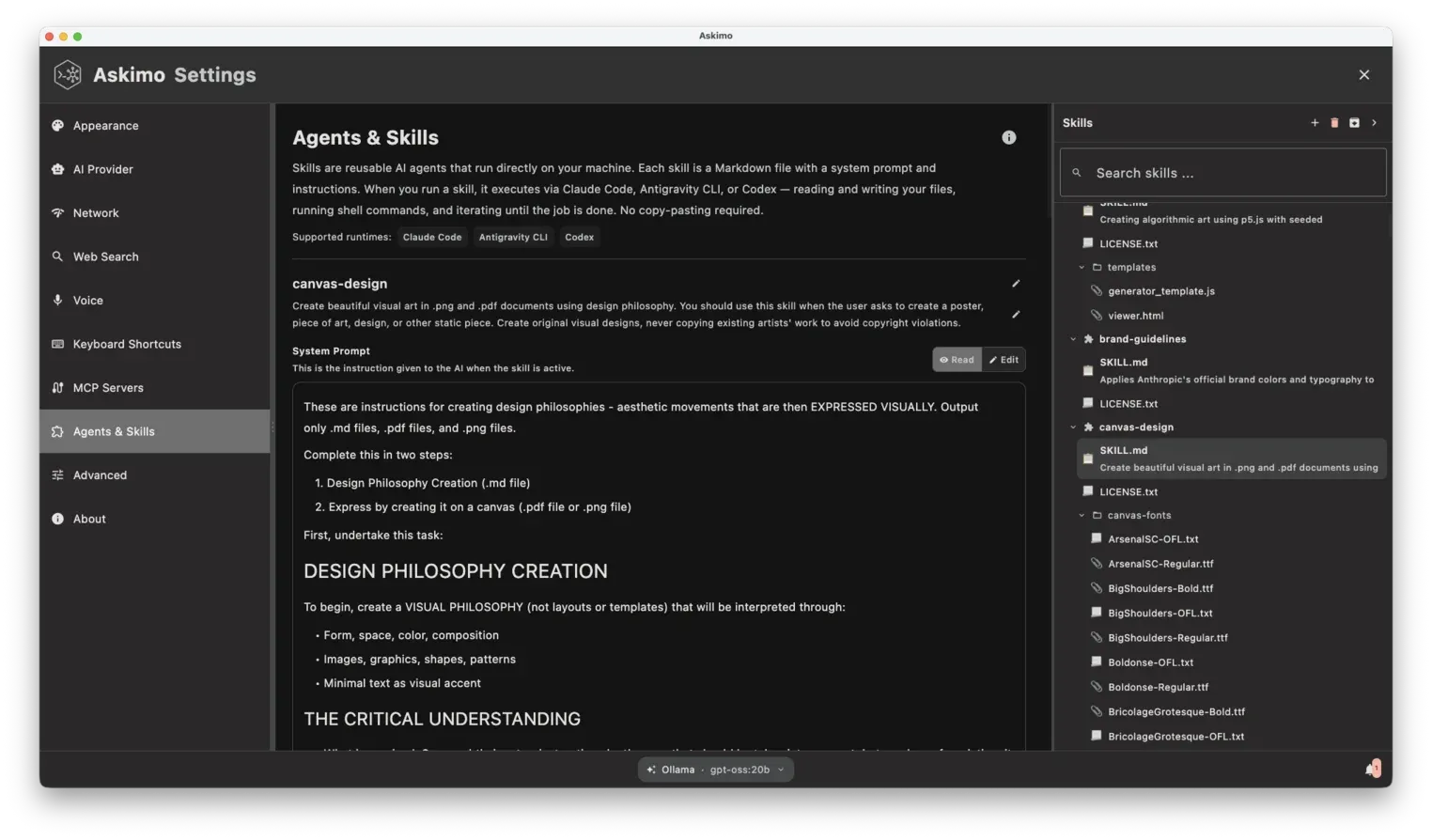 Askimo Desktop Skills editor showing the skill name, description, and system prompt fields for creating a new skill.