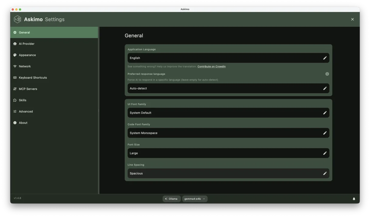 Askimo 1.4.8 UI customization settings showing font selection for code and interface text, accent color picker, and theme palette options