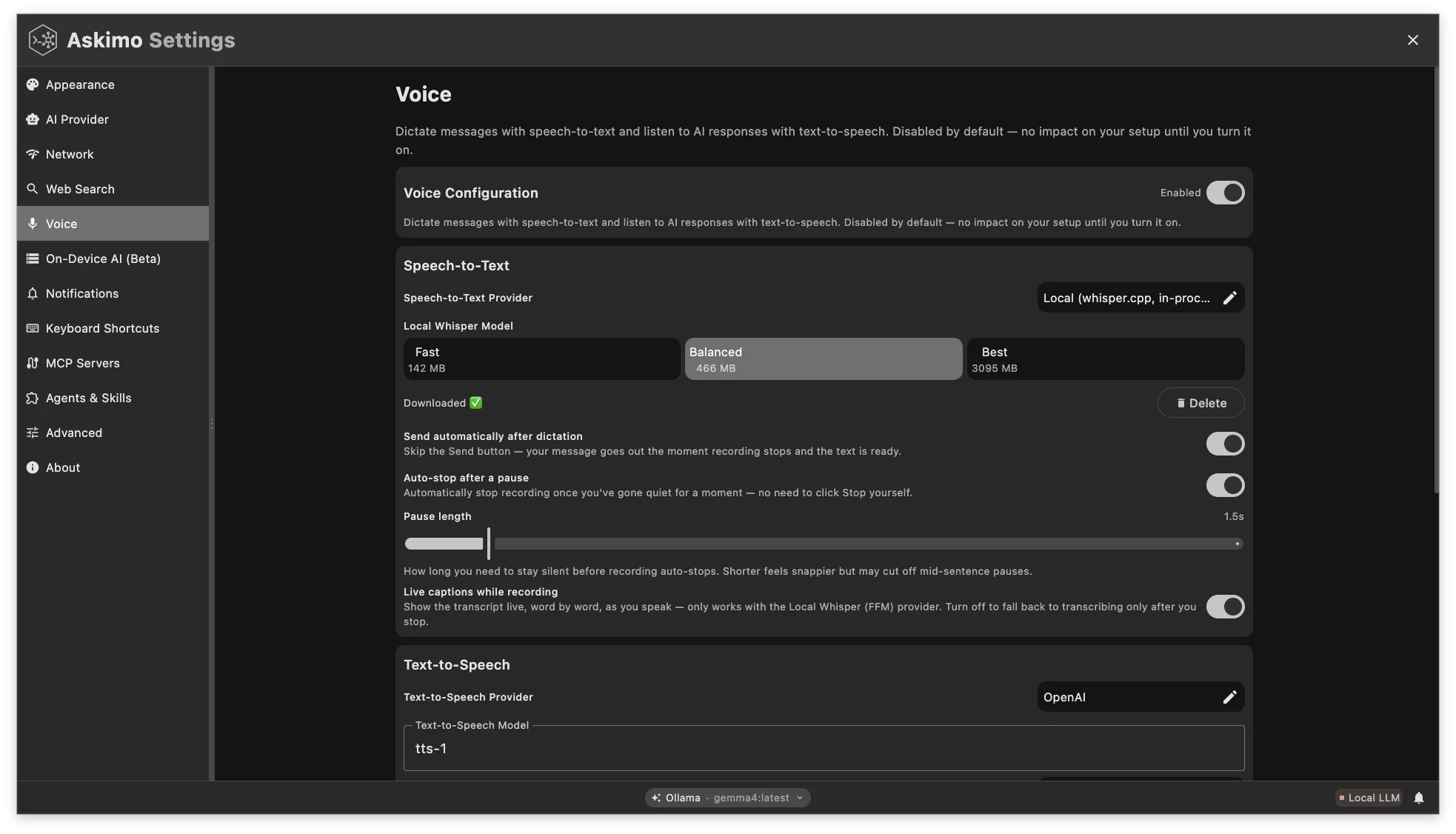 Askimo Desktop Voice settings view showing Whisper transcription and SystemTextToSpeech options