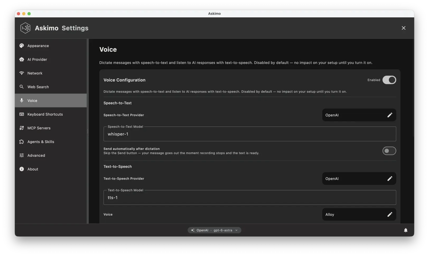 Askimo Desktop Voice configuration showing the enabled toggle, speech-to-text provider, text-to-speech provider, and API key fields.