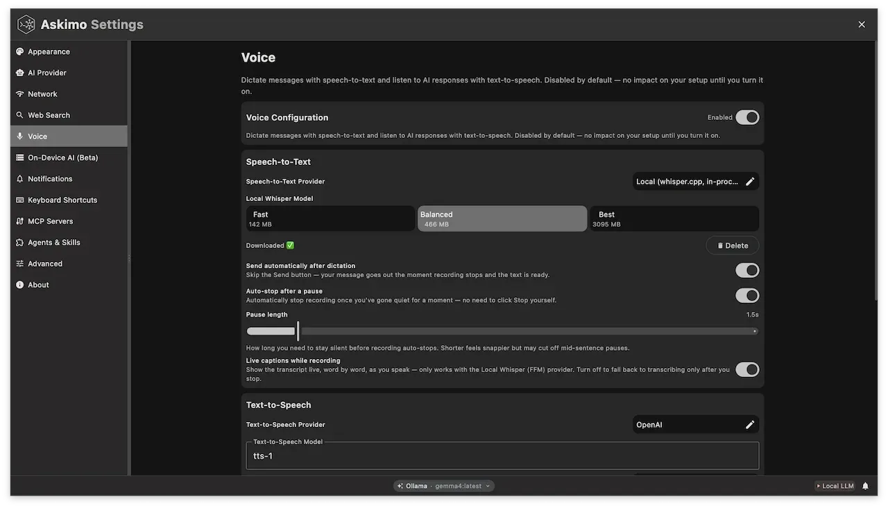 Askimo Desktop Voice configuration showing the enabled toggle, speech-to-text provider, text-to-speech provider, and API key fields.