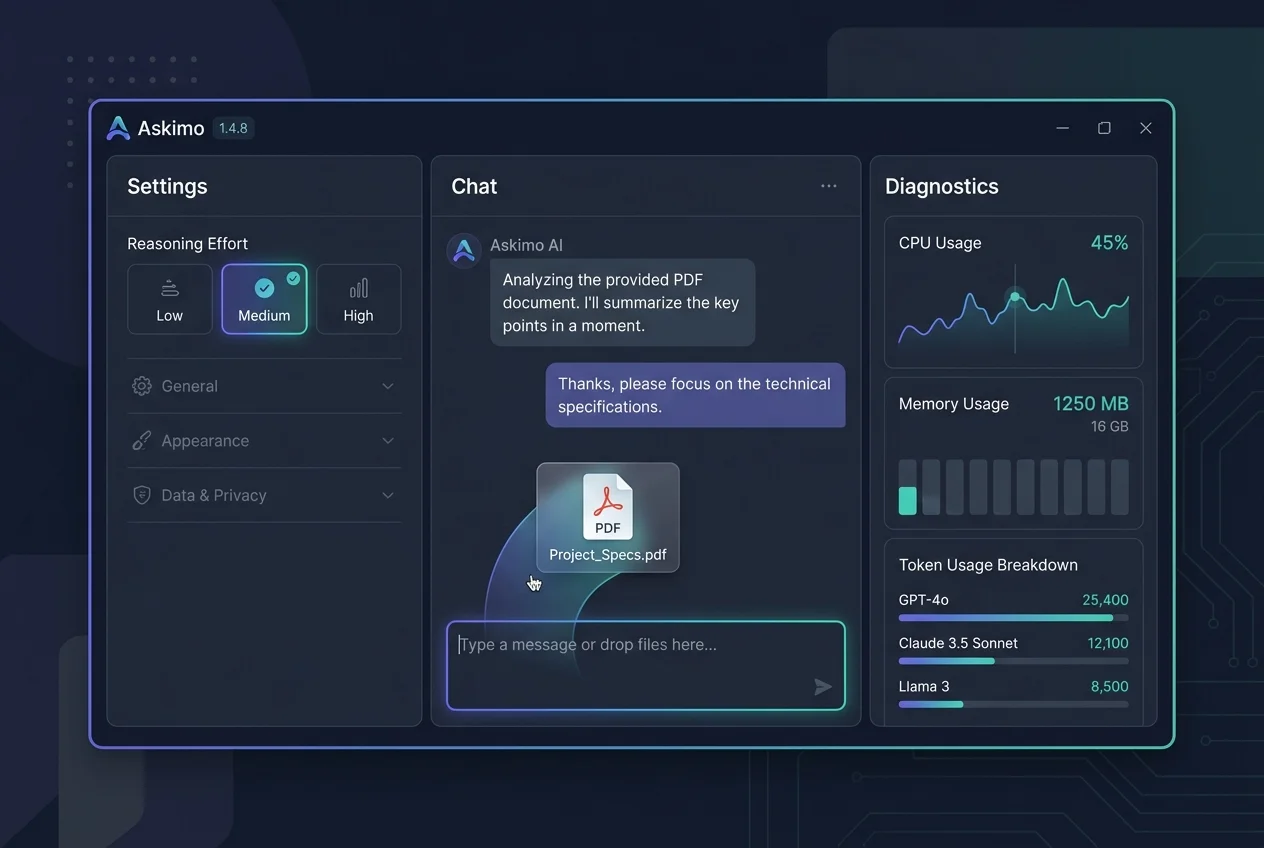 Askimo v1.4.8 featuring configurable reasoning effort, UI customization, and system diagnostics