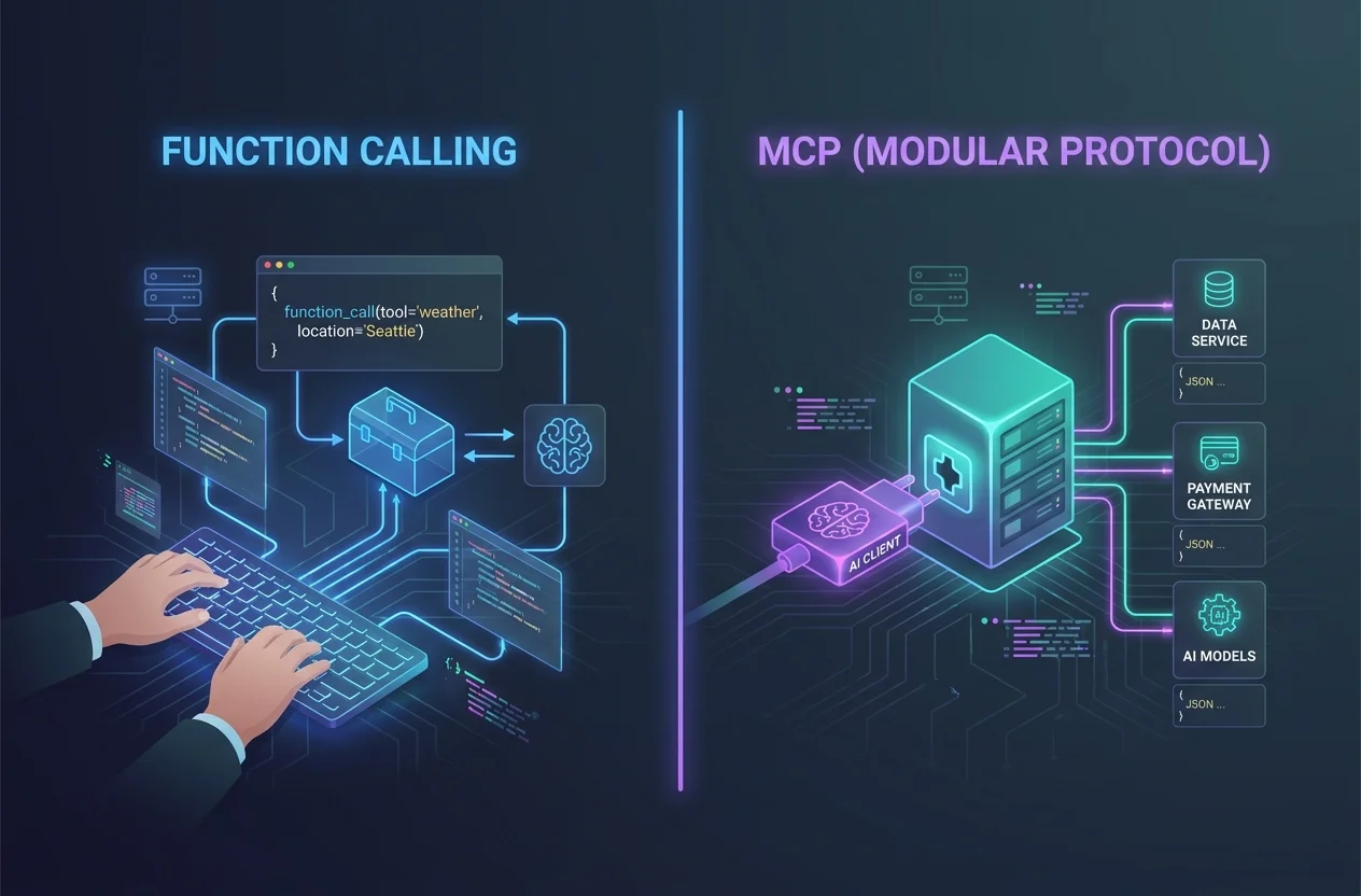 MCP vs function calling: diagram showing the difference between Model Context Protocol server tools and inline function calling in AI applications