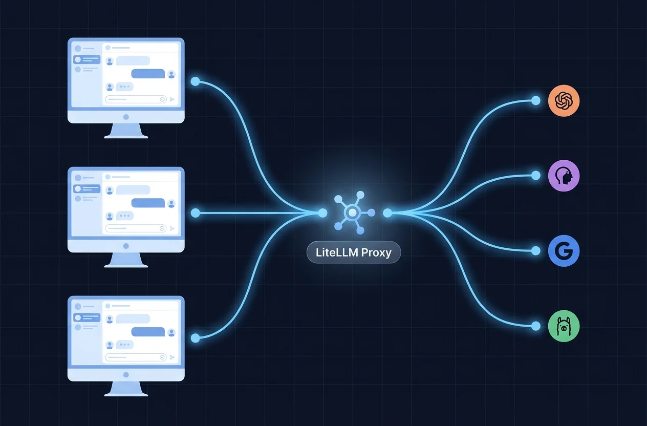 Architecture diagram showing multiple Askimo desktop users connecting to a shared LiteLLM proxy that routes to OpenAI, Claude, Gemini, and Ollama